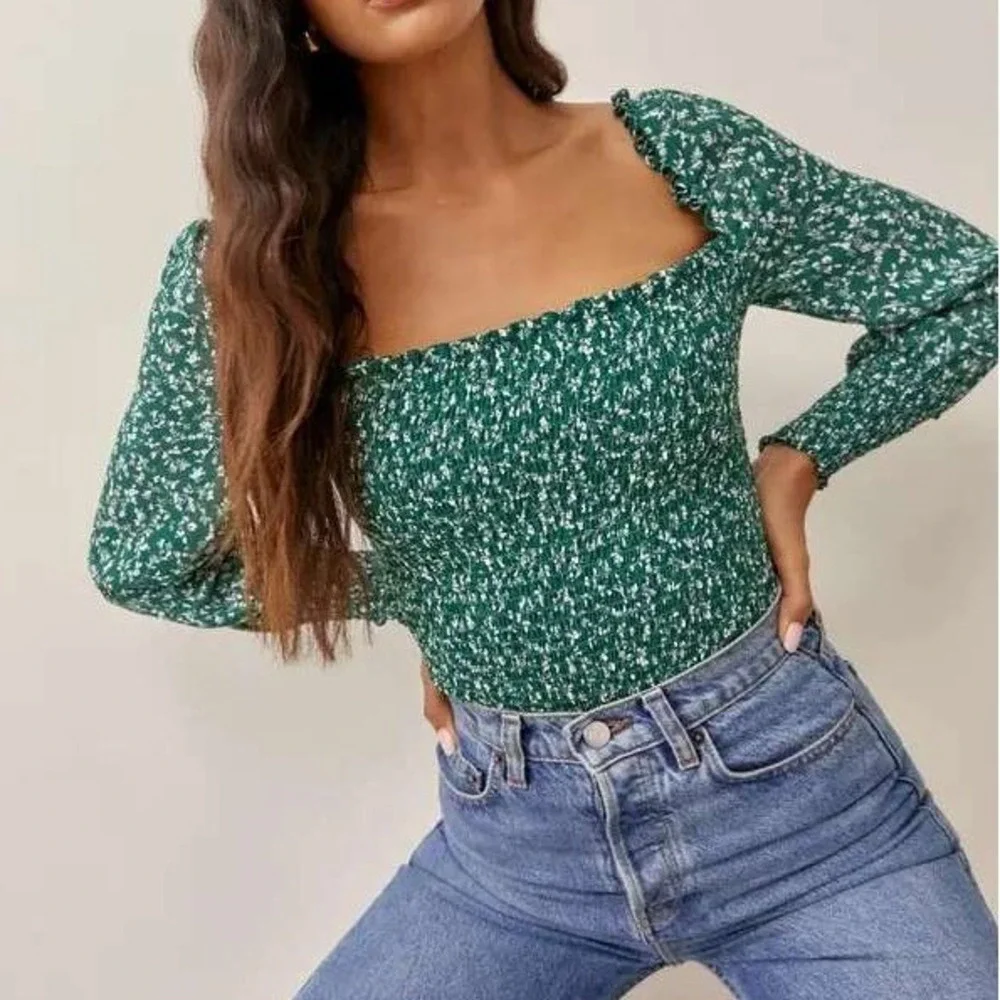 Reformation Green Pinto Top Parsley Floral Print Smocked Blouse Size Medium - Picture 2 of 13